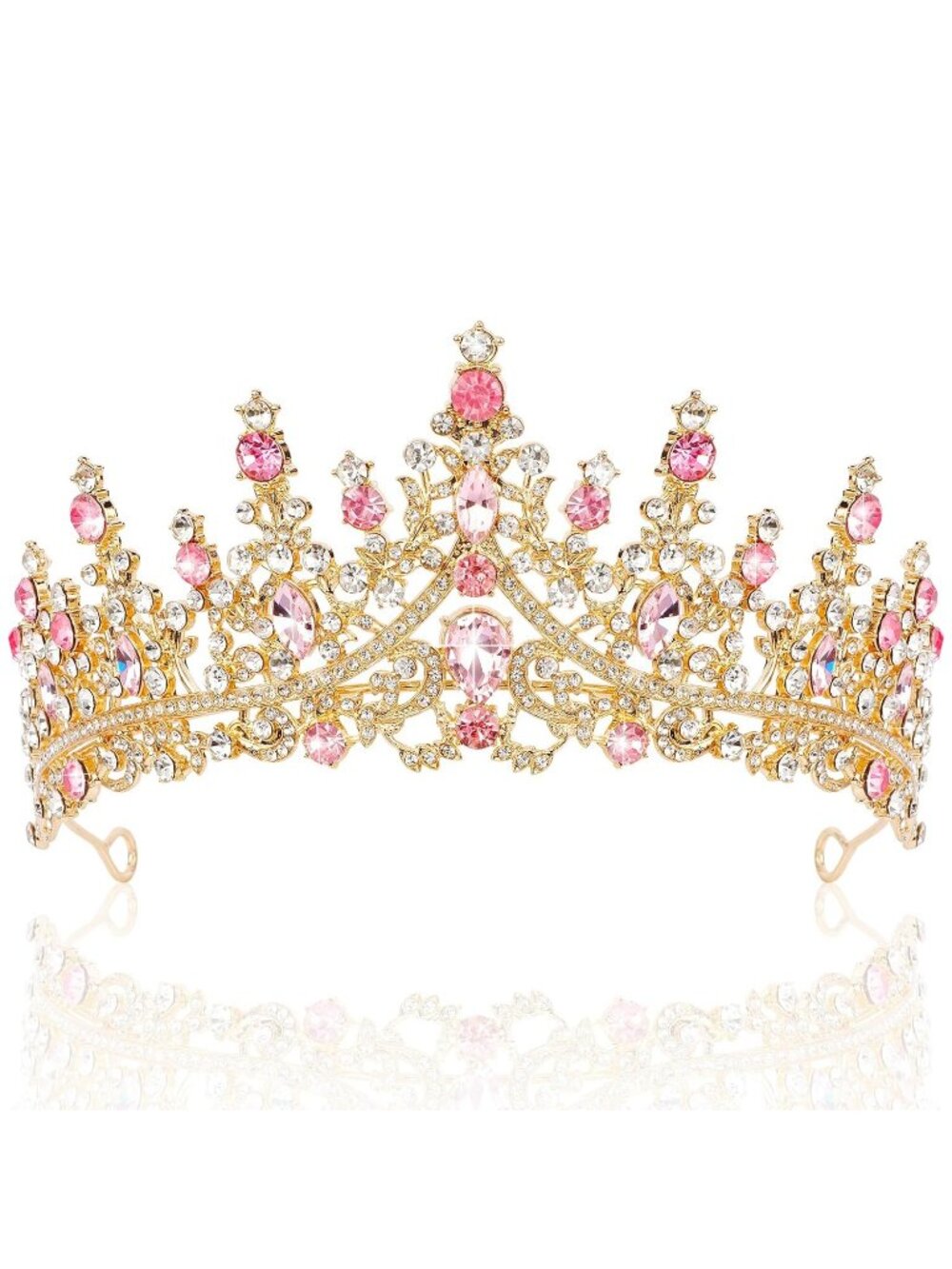 Women's Gold Pink Crystal Queen Crown Tiara Wedding Princess Headpiece